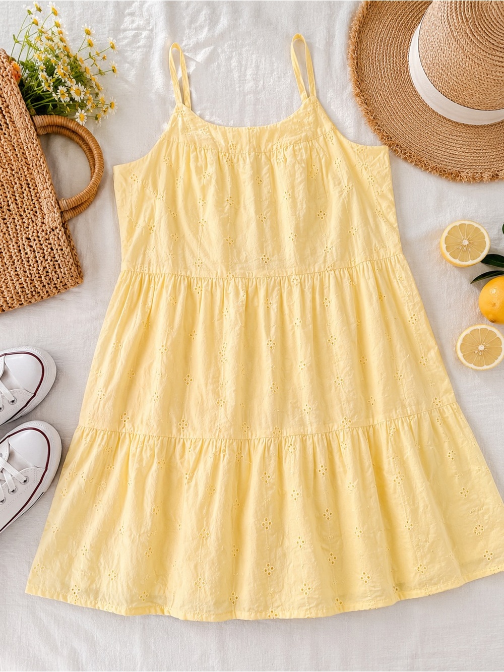 BeachLunchLounge Yellow Eyelet Tiered Sundress Small Cotton Lined CottageCore
